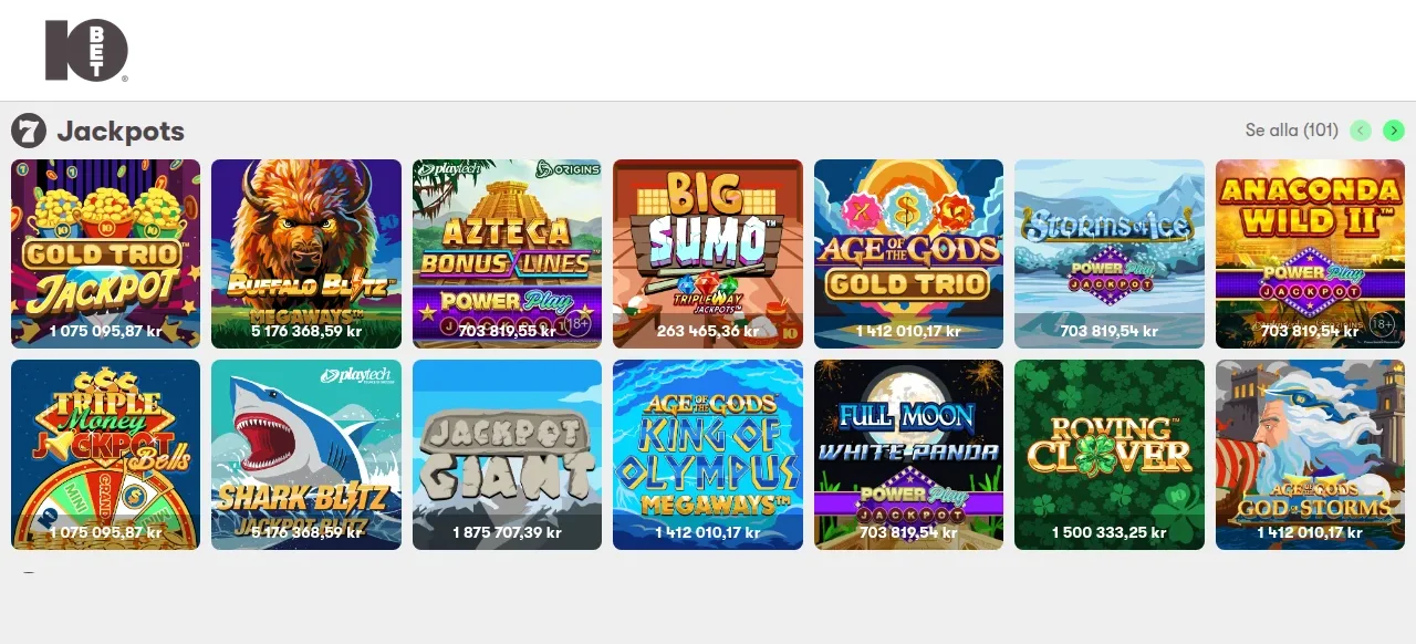 10bets spellobby med spelrutor för slots