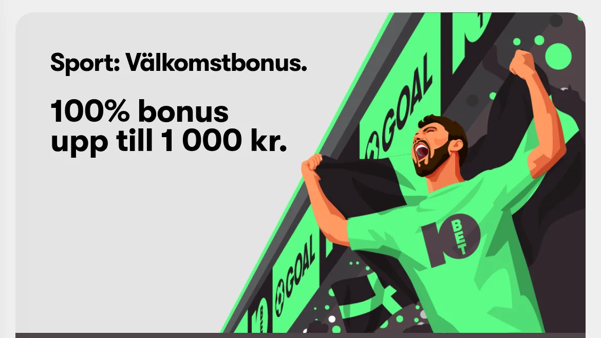 10bets kampanjsida med välkomstbonusen 100 % upp till 1 000 kr för casino eller sport