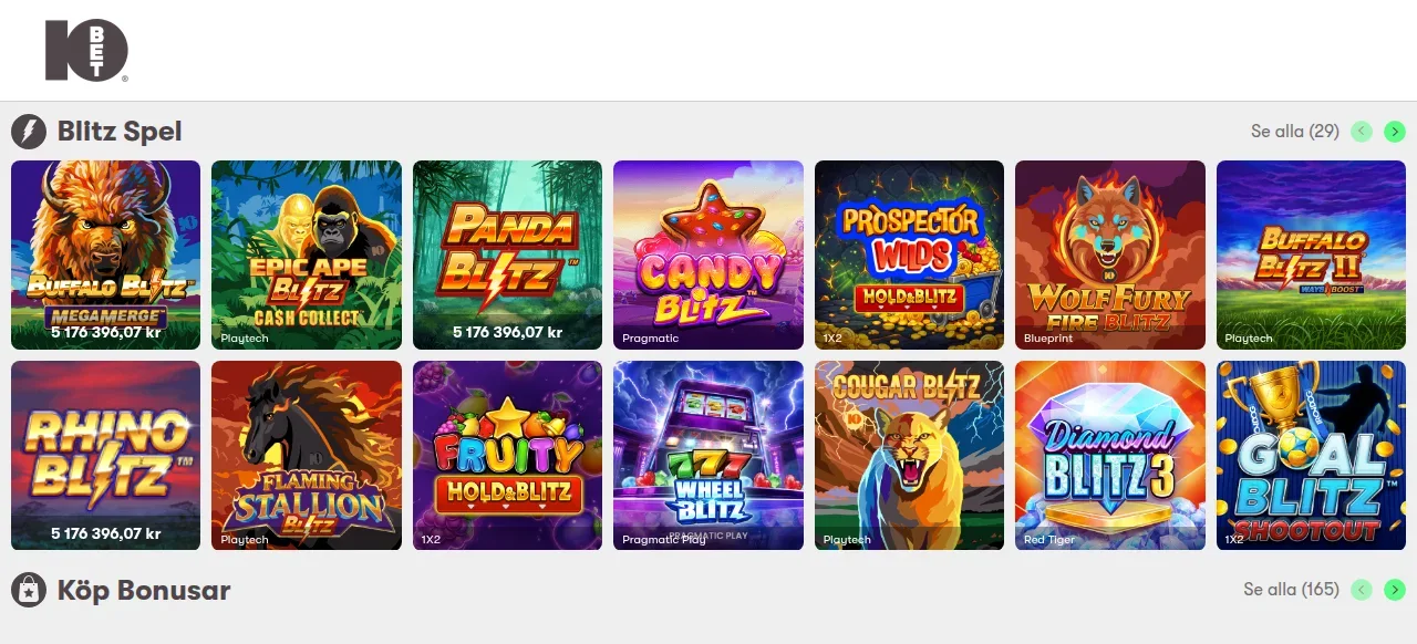 Längre ner i 10bets spellobby
