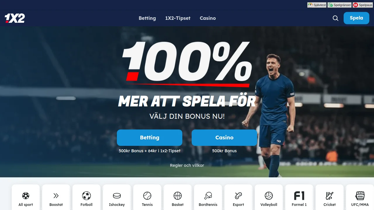 Startsidan hos 1X2 med logotyp, toppbanner och första erbjudandet