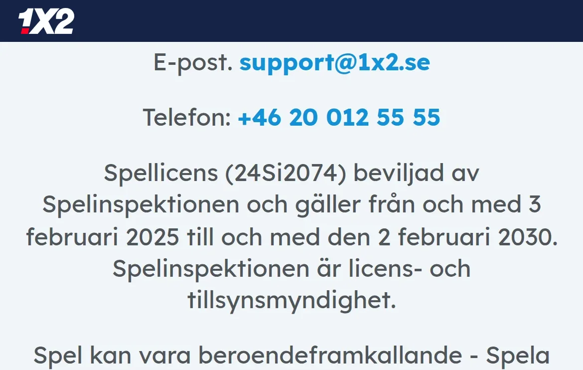 Licensinformationen på 1X2:s sajt med Spelinspektionen och licensnummer 24Si2074