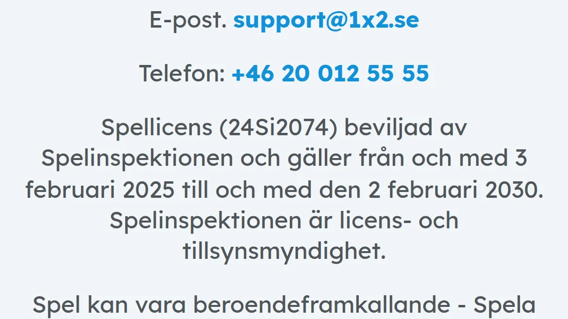 Licensuppgifter för 1X2 med spellicens från Spelinspektionen