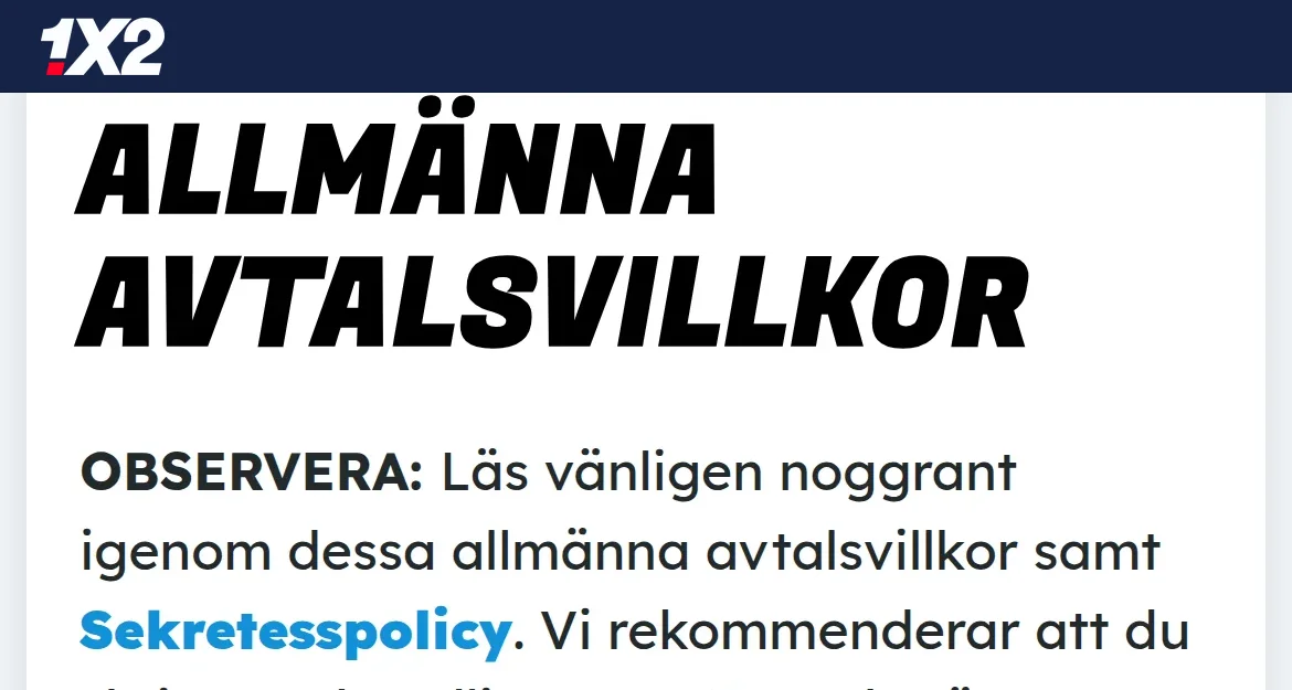 Bonusvillkoren hos 1X2 med regler för välkomsterbjudandet