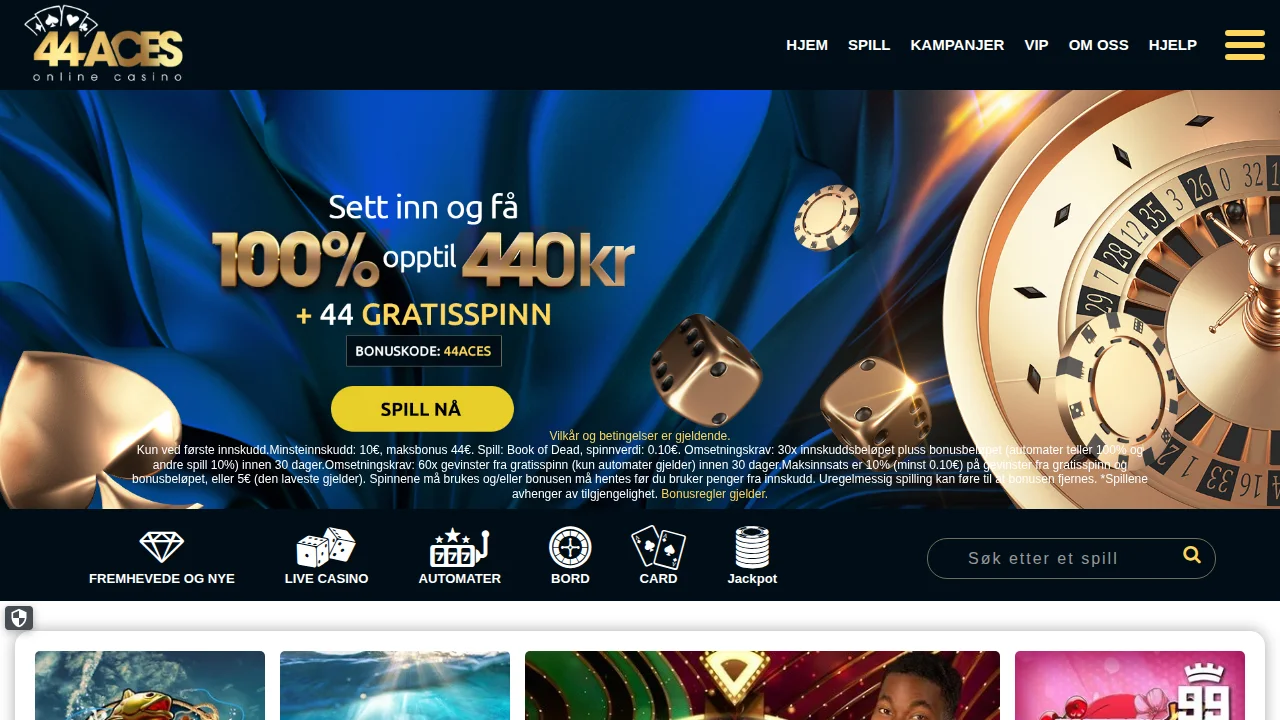 Toppen av 44Aces startsida med logotyp och toppbanner