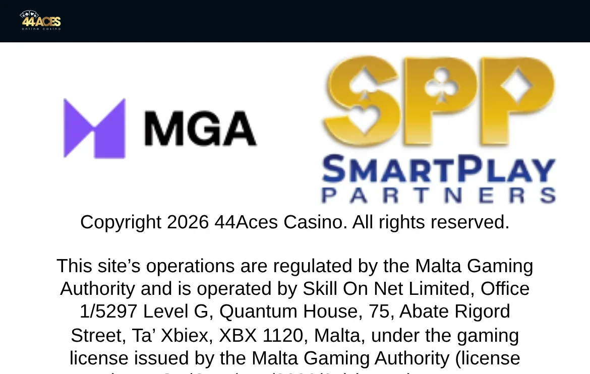 Licenstexten i sidfoten hos 44Aces