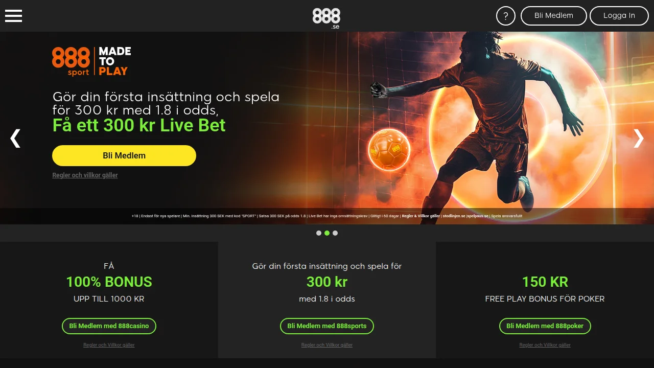 Toppen av 888:s startsida med logotyp, hero och första erbjudandet