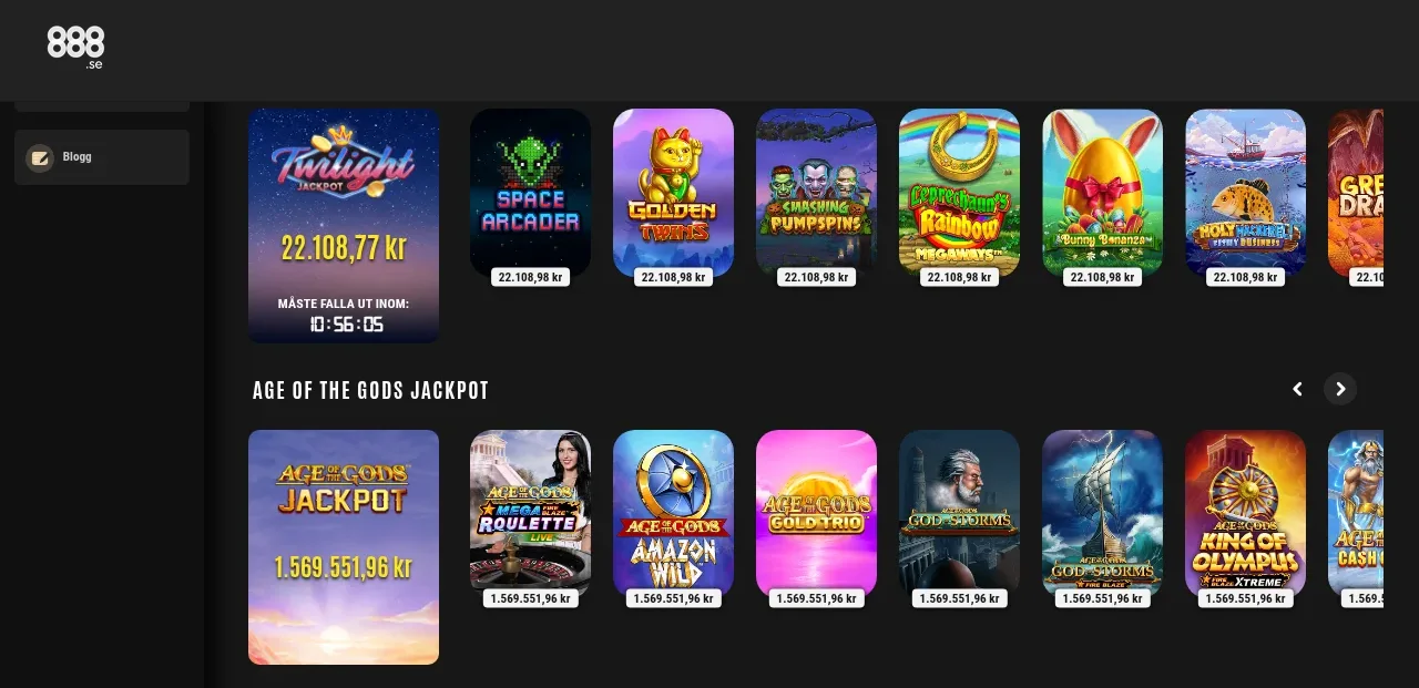 Jackpottspel hos 888 Casino med flera potter