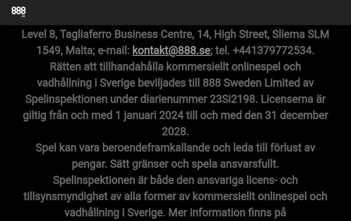 Licensuppgiften på 888:s sajt med Spelinspektionen och diarienummer 23Si2198