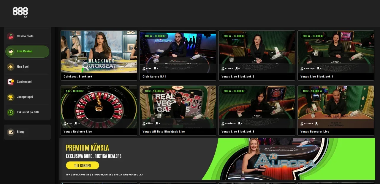 Livecasino hos 888 med bord för roulette och blackjack