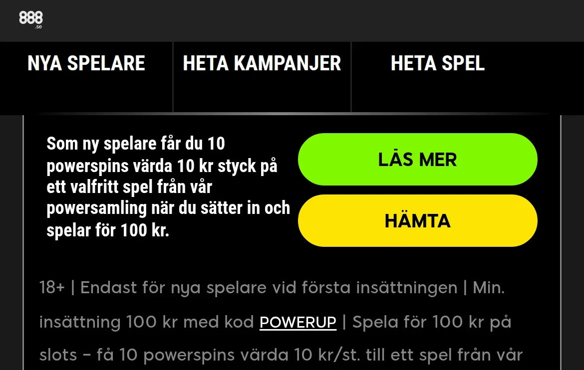 Kampanjsidan på 888 med erbjudanden för nya spelare