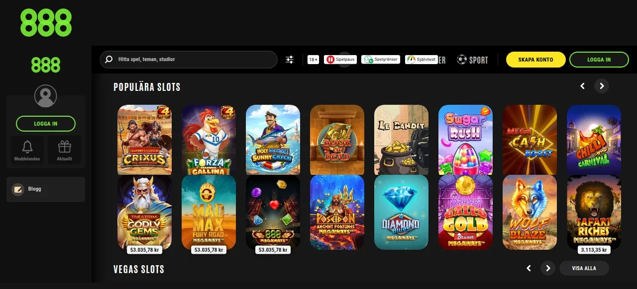 Spellobbyn på 888Casino med spelrutor för slots