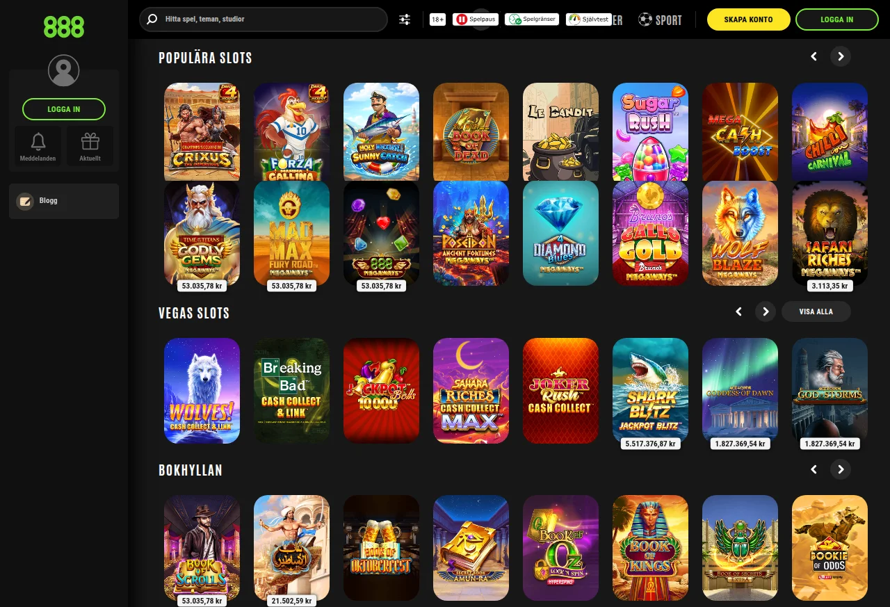 Spellobbyn på 888Casino med spelrutor för slots och casinospel