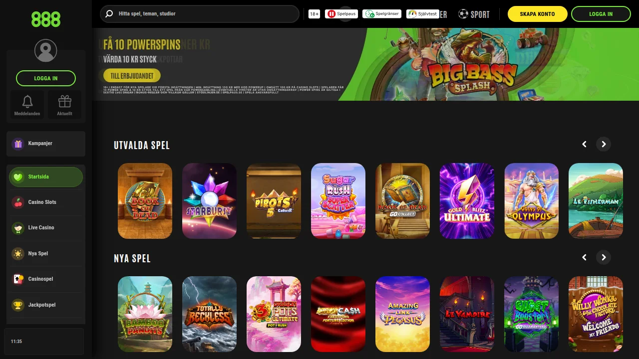 Startsidan på 888Casino med logotyp, toppbanner och det första erbjudandet