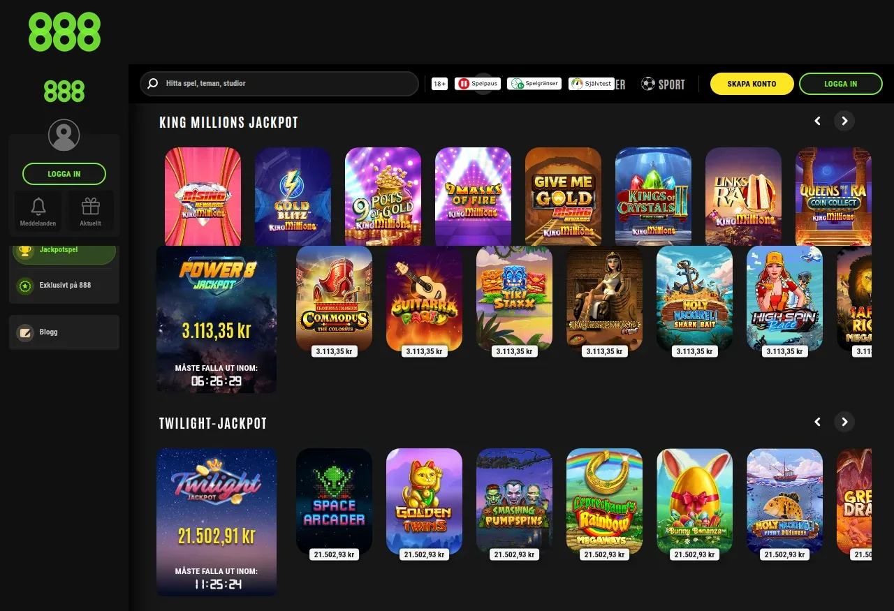 Jackpottsektionen på 888Casino med progressiva jackpottspel