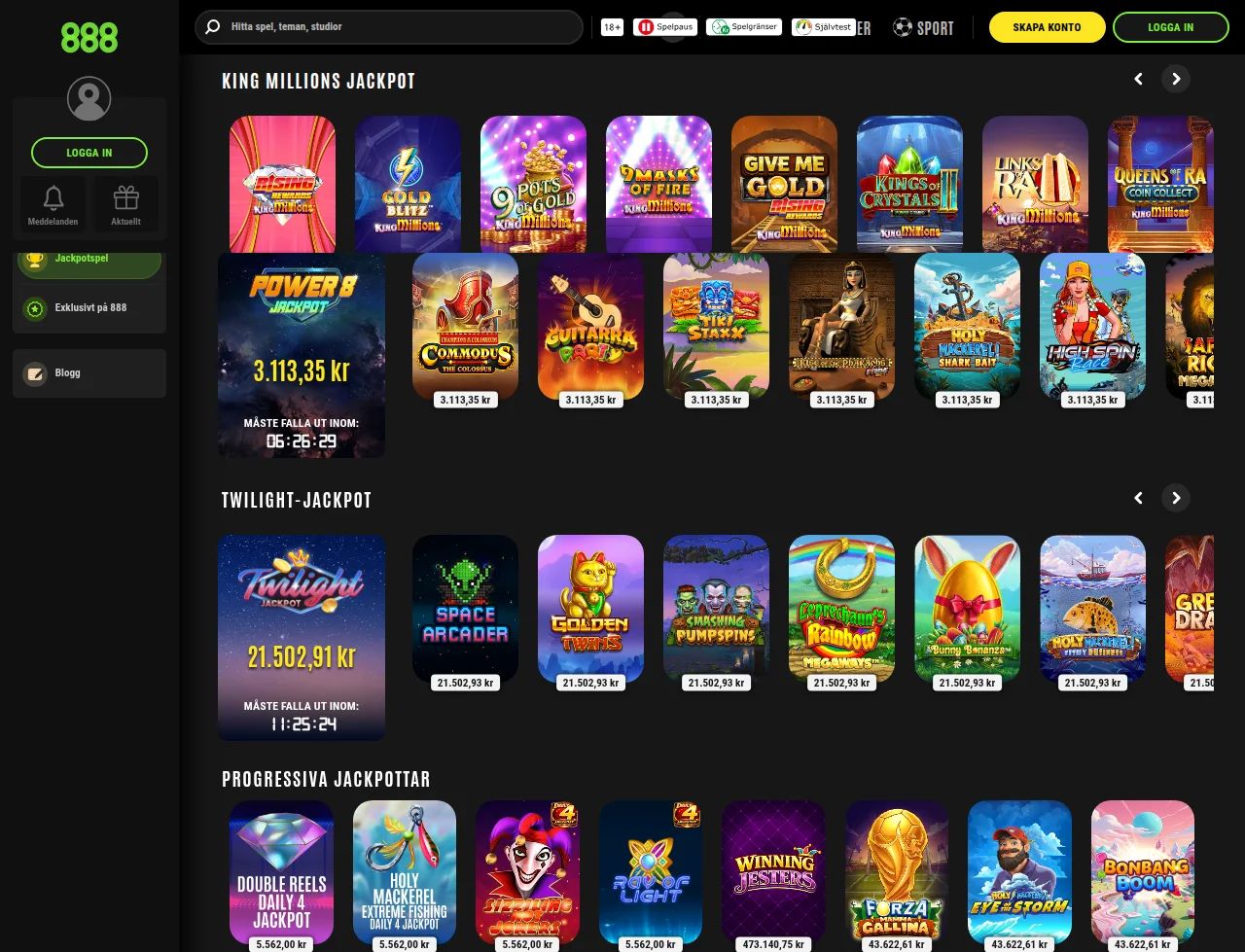 Jackpottsektionen med progressiva jackpottspel på 888Casino