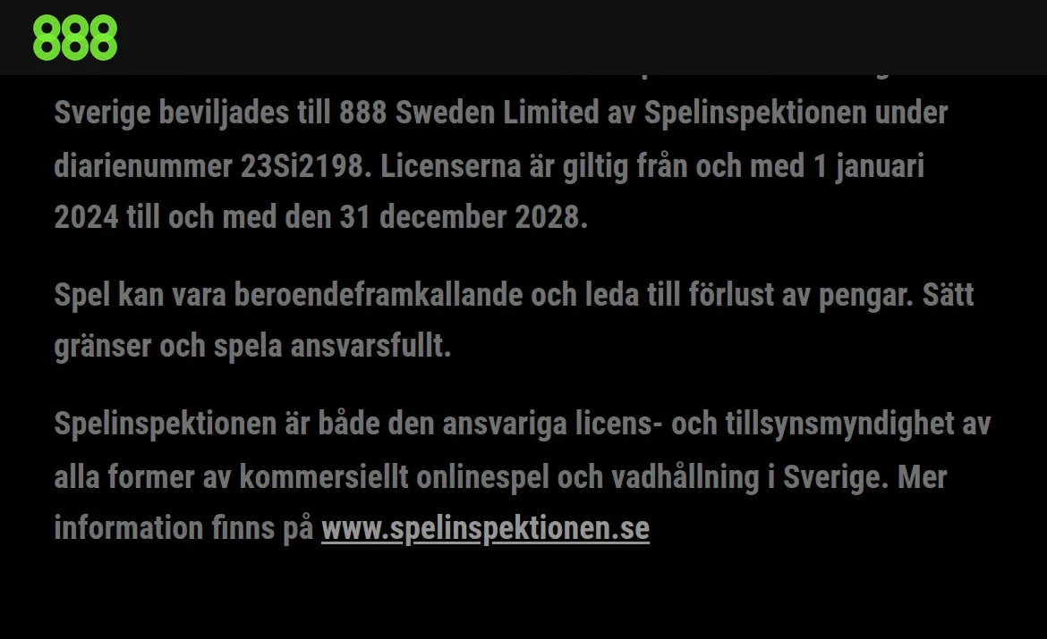 Licensinformationen på 888Casino med spelmyndighet och diarienummer