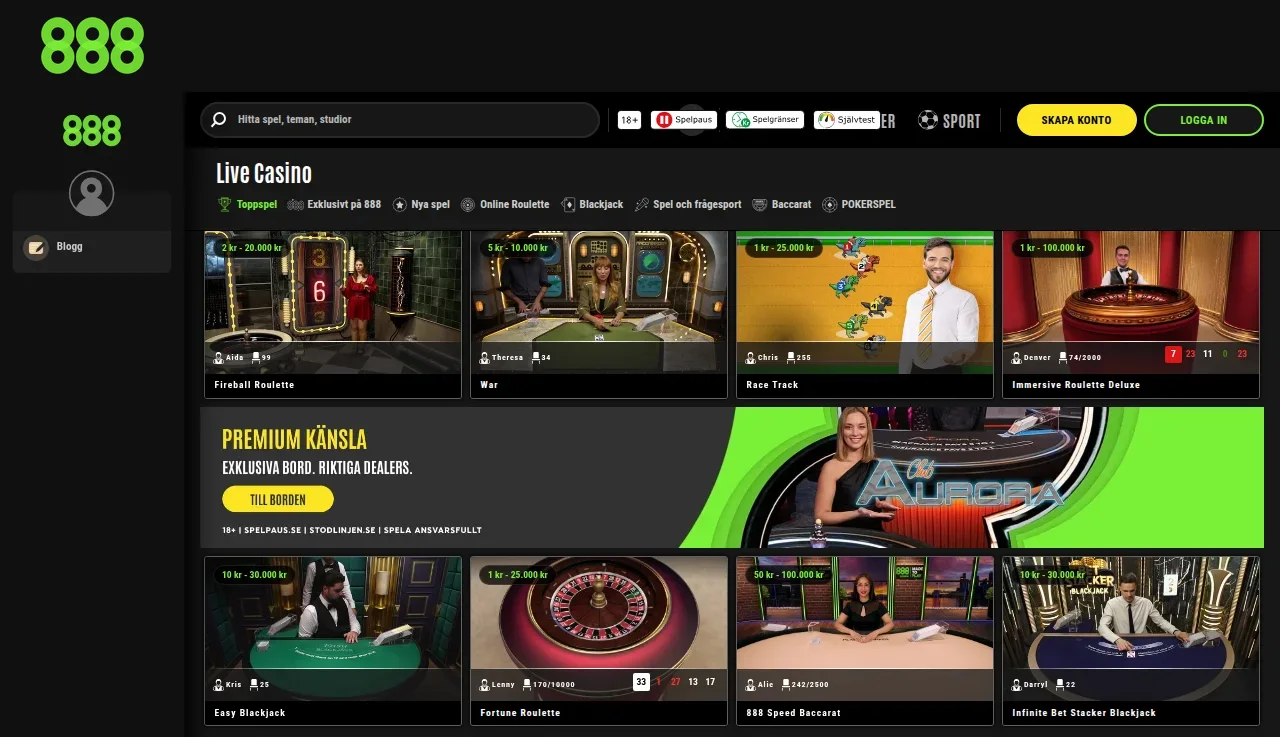 Livecasinosektionen på 888Casino med livebord