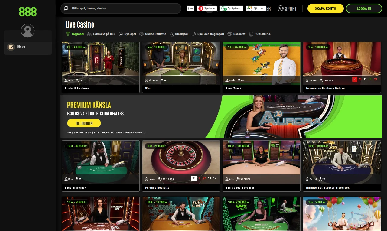 Livecasinot på 888Casino med bord och dealers