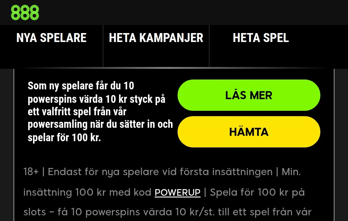 Kampanjsidan på 888Casino med aktuella erbjudanden