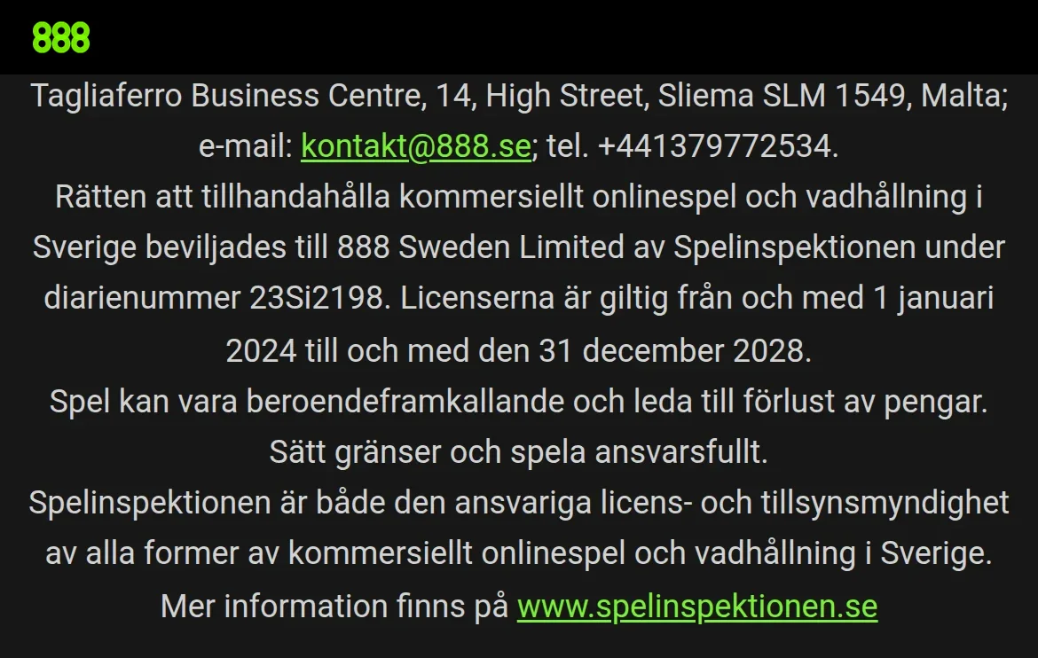 Licensinformationen på 888poker.se