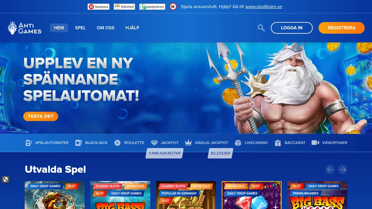 Startsidan hos Ahtigames med logotyp, hero-yta och första erbjudandet