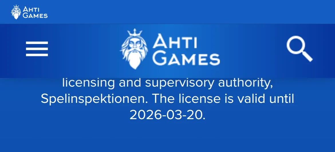 Licenstexten i sidfoten hos Ahtigames med hänvisning till Spelinspektionen