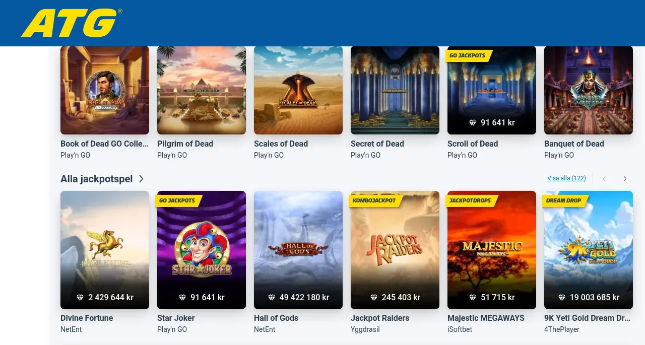ATG spellobby med speltiles för slots och casinospel