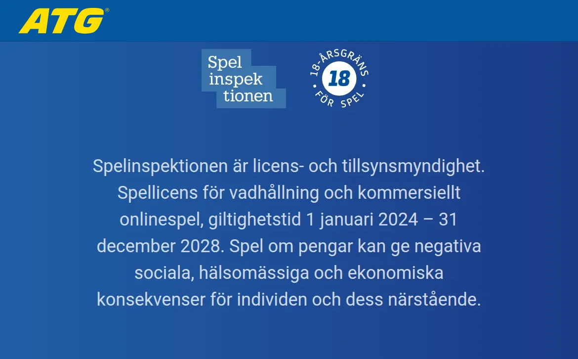 Licensnotis på atg.se med Spelinspektionen som spelmyndighet