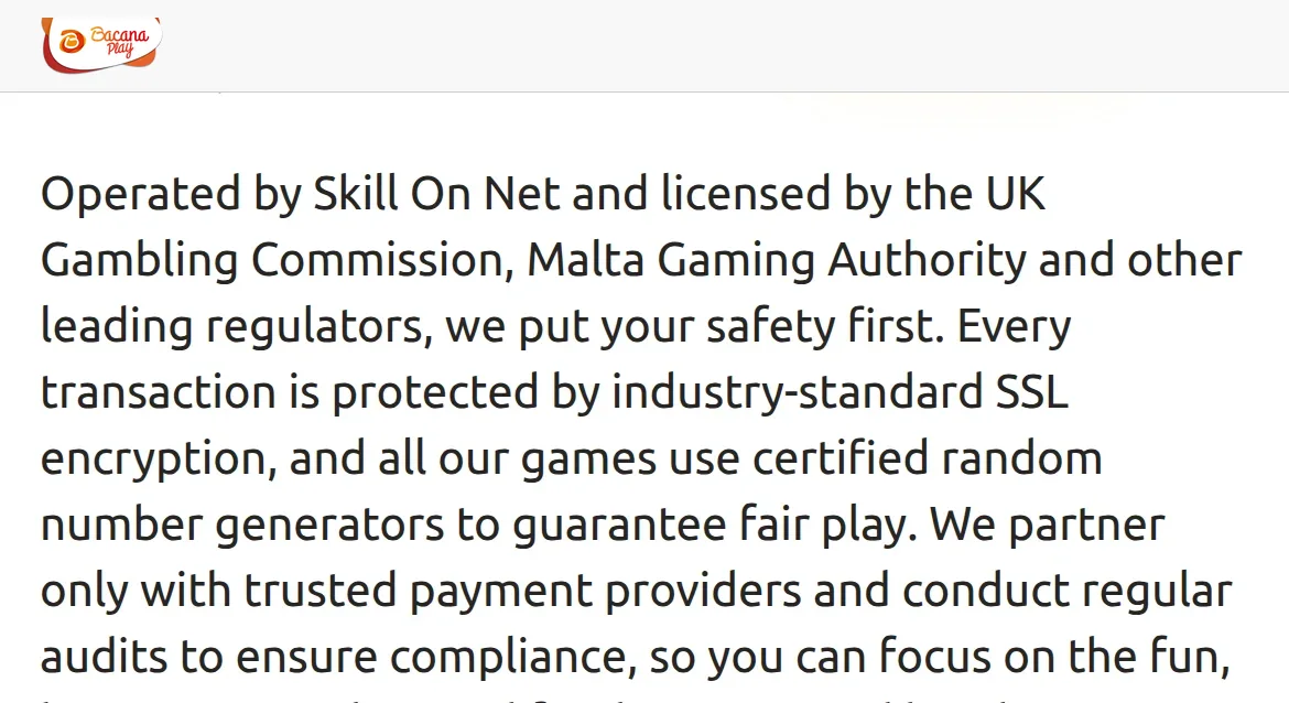 Licensinformation på Bacanaplays sajt med spelmyndighet och licensnummer