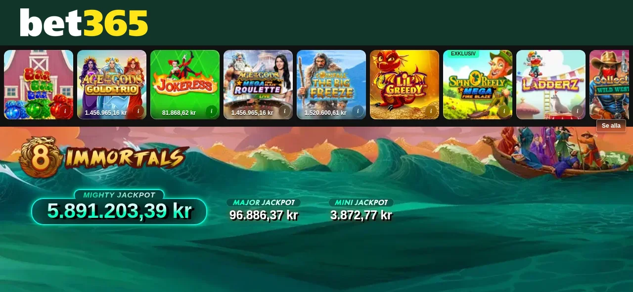 Bet365 spellobby med slots och spelrutor