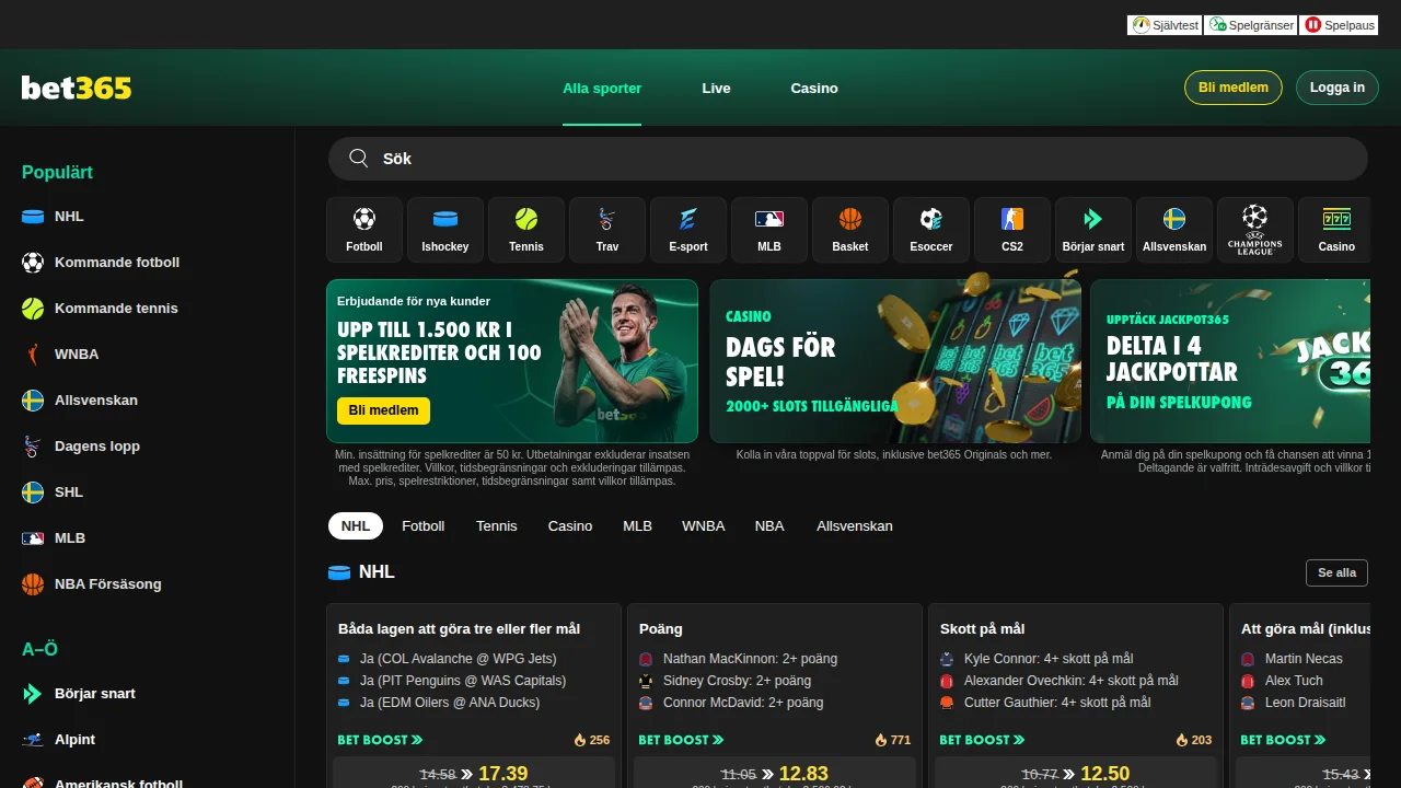 Bet365 startsida med logotyp, toppbanner och första erbjudandet