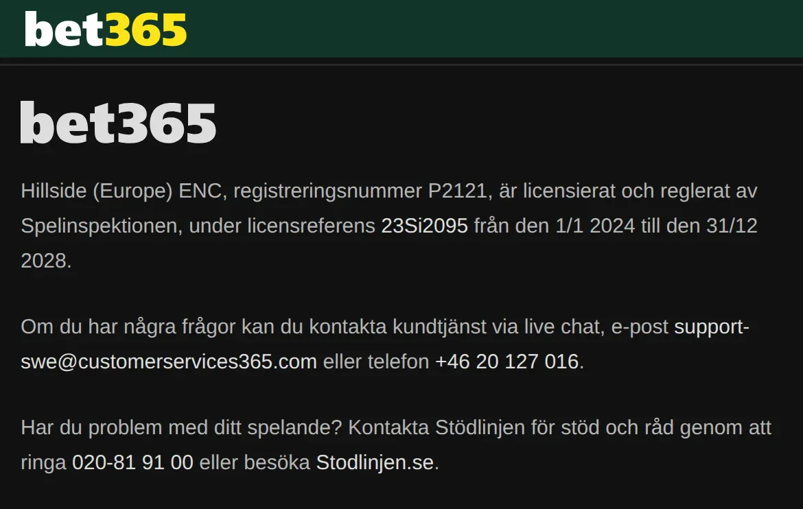 Bet365 licensinformation med Spelinspektionen och licensreferens 23Si2095
