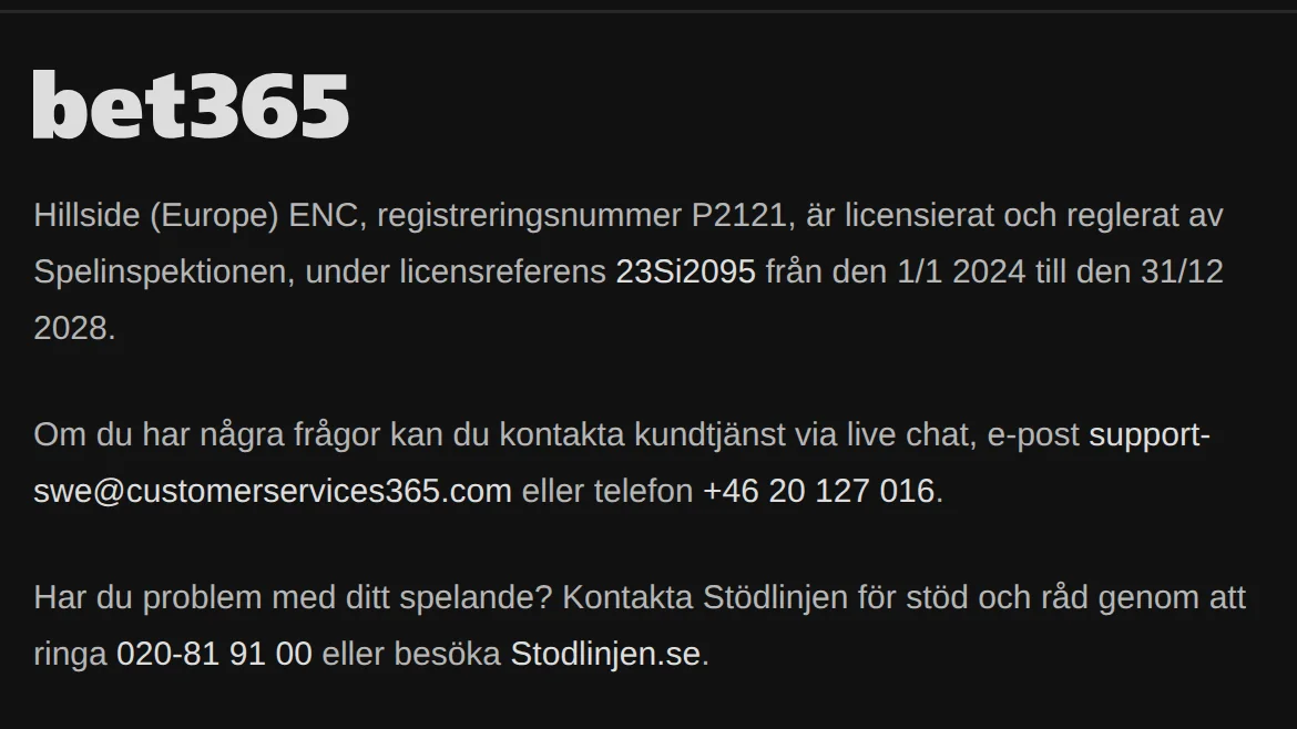 Licensinformation hos bet365 med svensk spellicens från Spelinspektionen