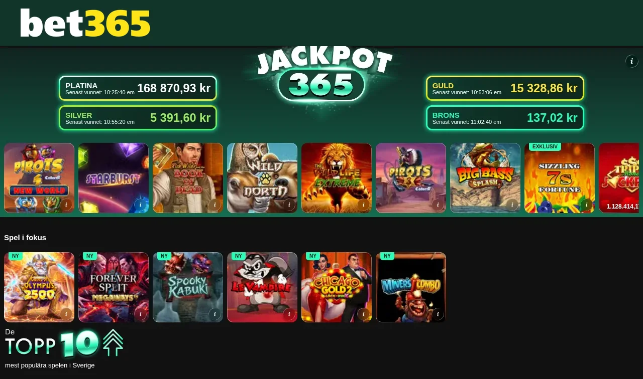Bet365 spellobby längre ner på sidan