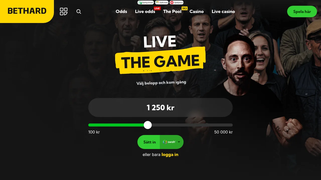 Toppen av Bethards startsida med logotyp, hero-bild och första erbjudandet