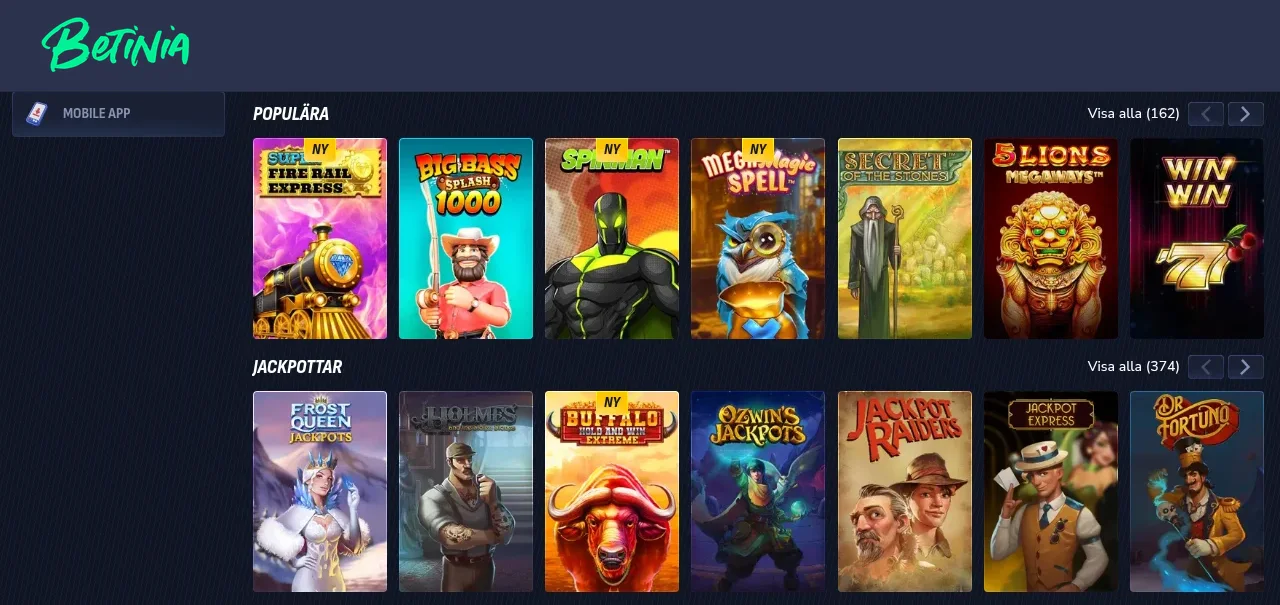 Betinias spellobby med speltiles för slots