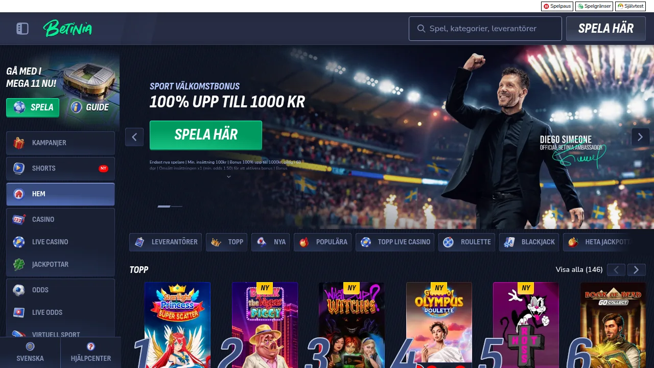 Toppen av Betinias startsida med logotyp, hero och första erbjudandet