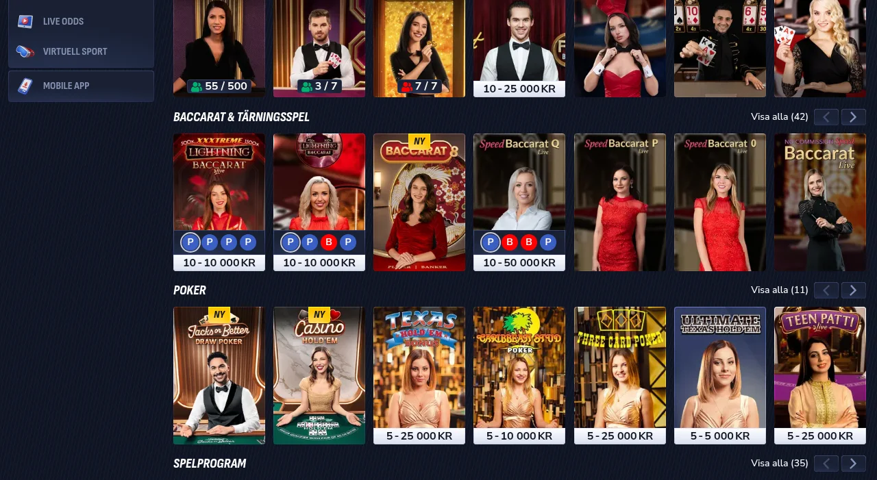 Betinias livecasino med bord från Evolution
