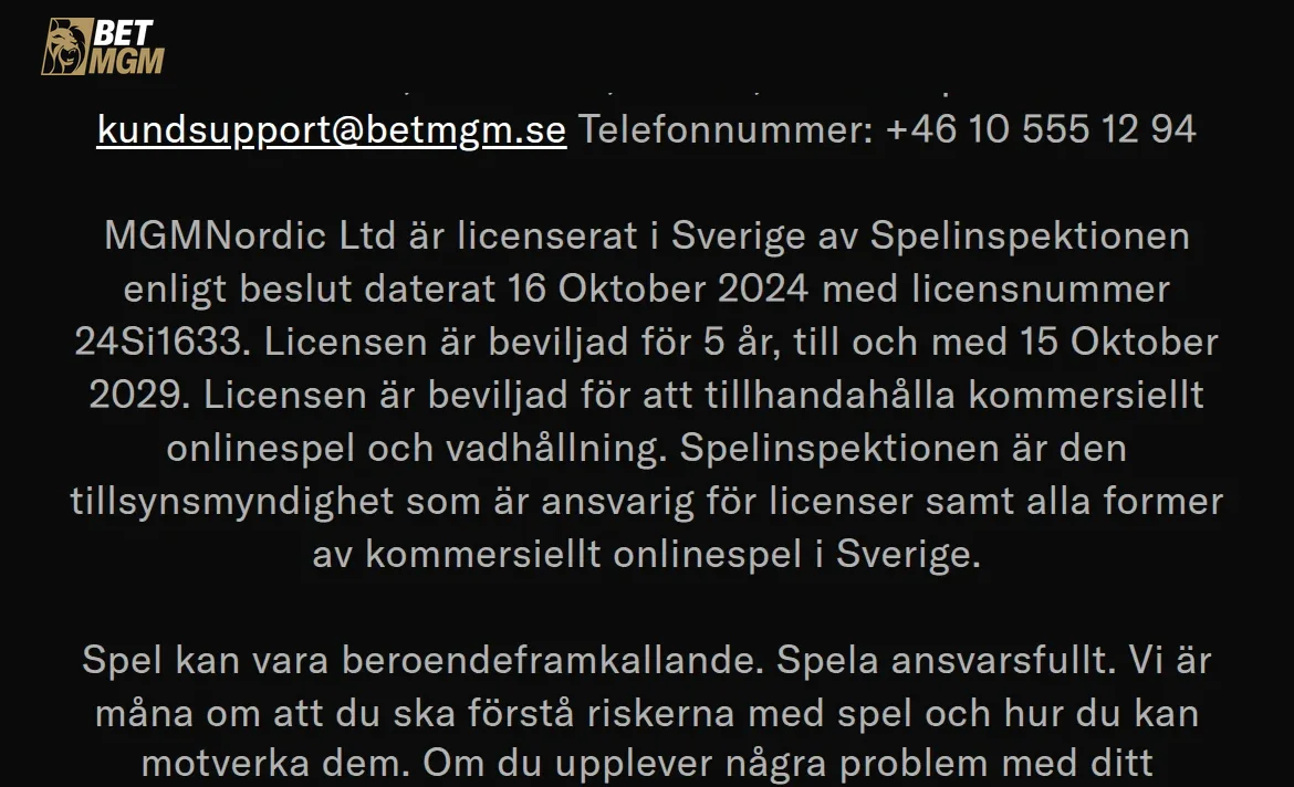 Licensinformation på BetMGM:s sajt med Spelinspektionen och licensnummer 24Si1633