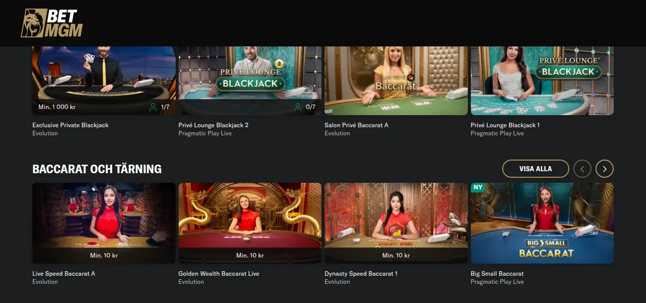 Livecasino hos BetMGM med flera bord öppna
