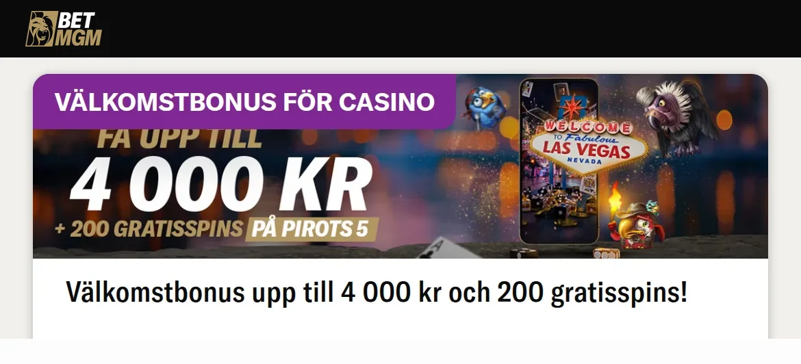 Kampanjsidan hos BetMGM med välkomstbonus upp till 4 000 kr och 200 free spins