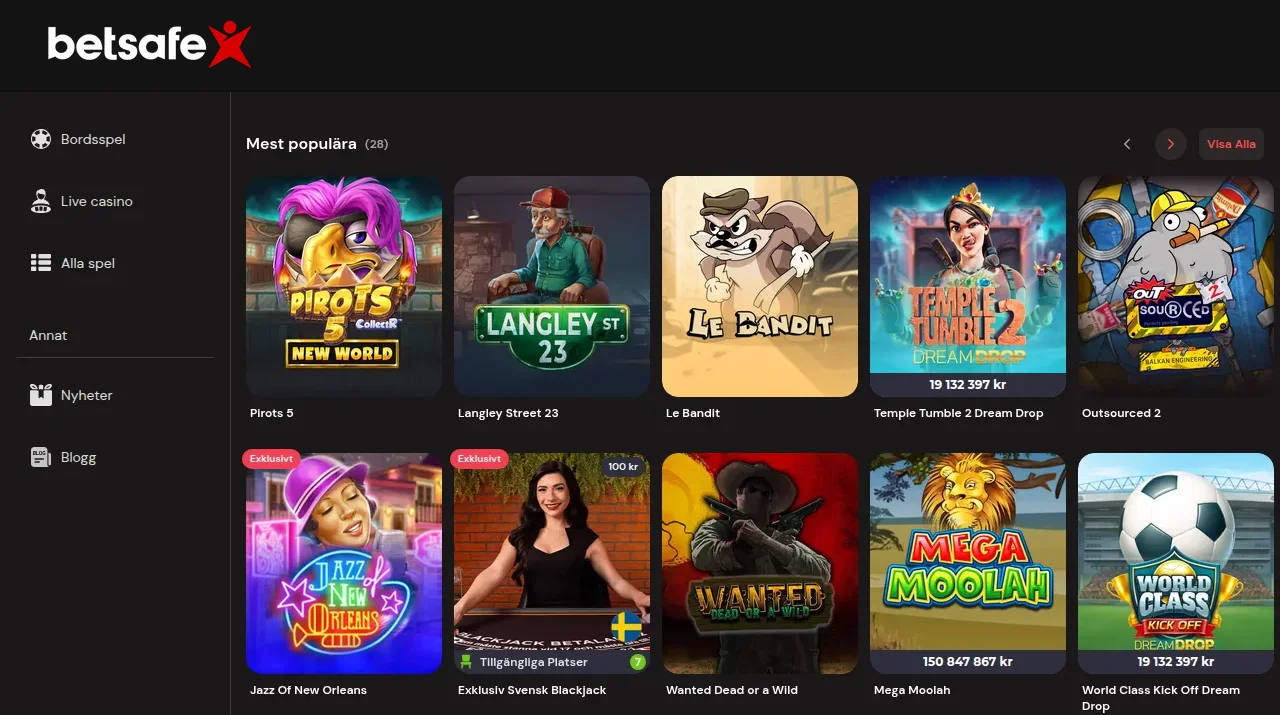 Betsafes spellobby med spelrutor för slots