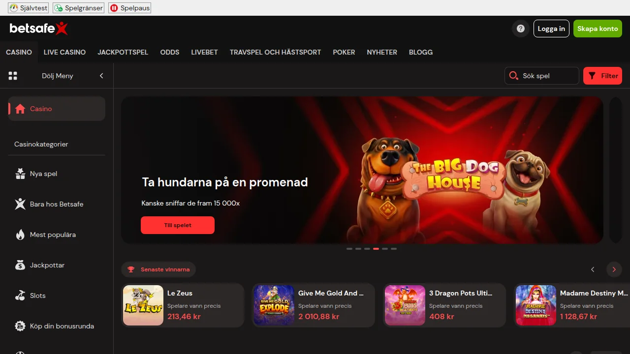 Betsafes startsida med logotyp, hero-yta och första erbjudandet
