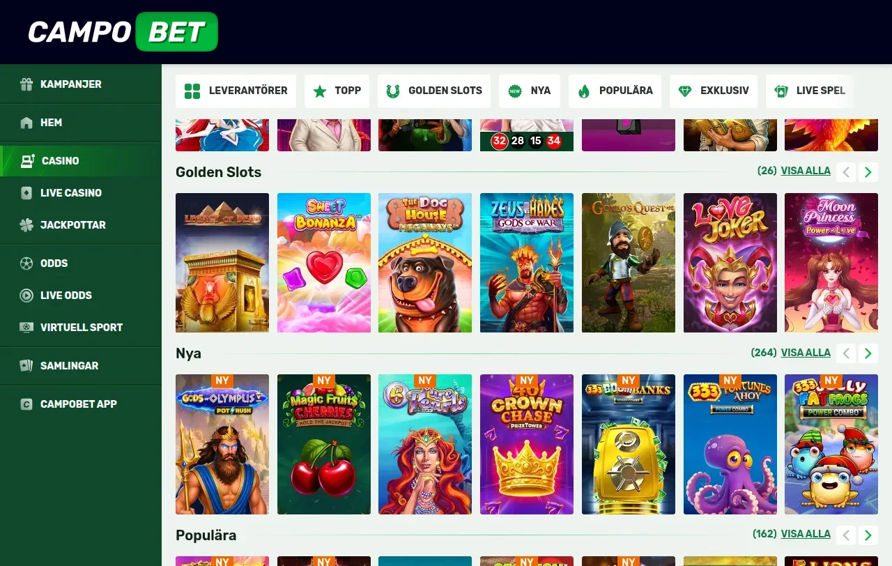 Spellobbyn hos Campobet med rutor för slots och casinospel