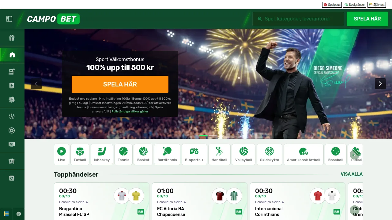 Startsidan på Campobet med logotyp, toppbanner och första erbjudandet