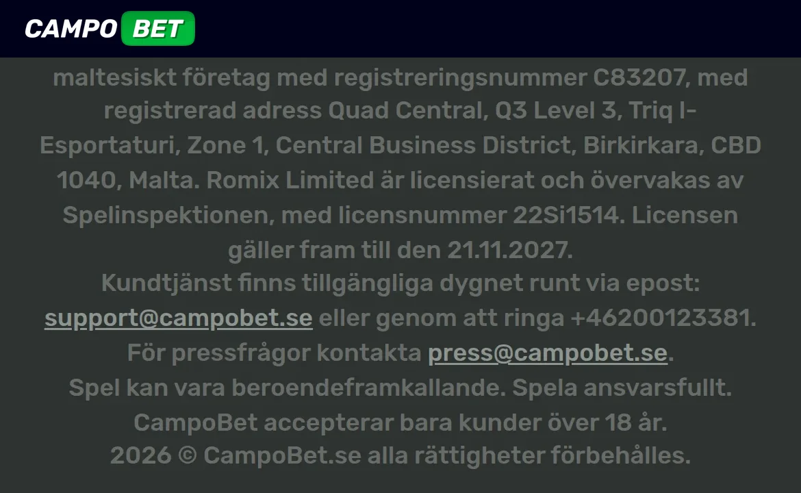 Licensinformation på Campobets sajt med Spelinspektionen och licensnummer