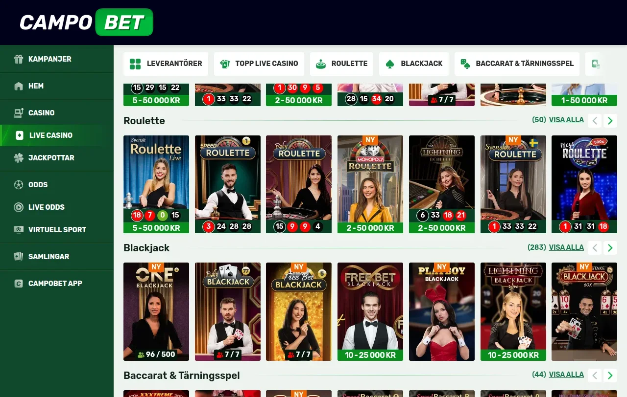 Livecasinosektionen hos Campobet