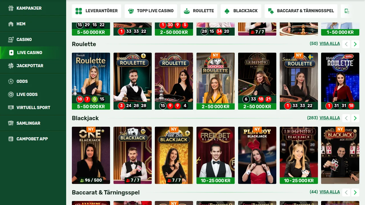 Livecasinosektionen hos Campobet med bord och spelvärdar