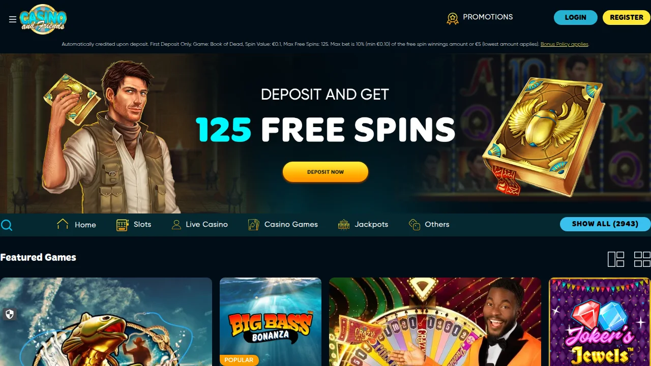 Startsidan hos Casinoandfriends med logotyp, hero-yta och första erbjudande