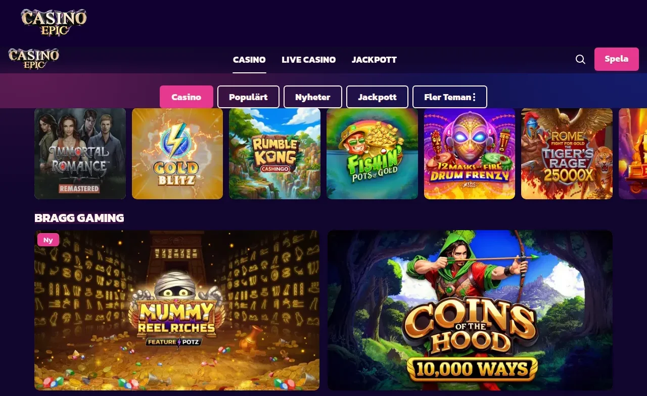 Spellobbyn på Casino Epic med slotbrickor